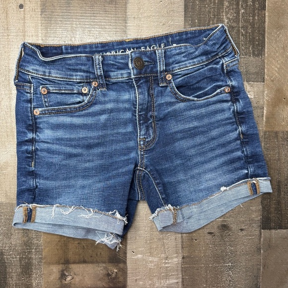 American Eagle Outfitters Midi Blue Jean Shorts Distressed Mid-Blue Wash size 2 - Picture 1 of 9